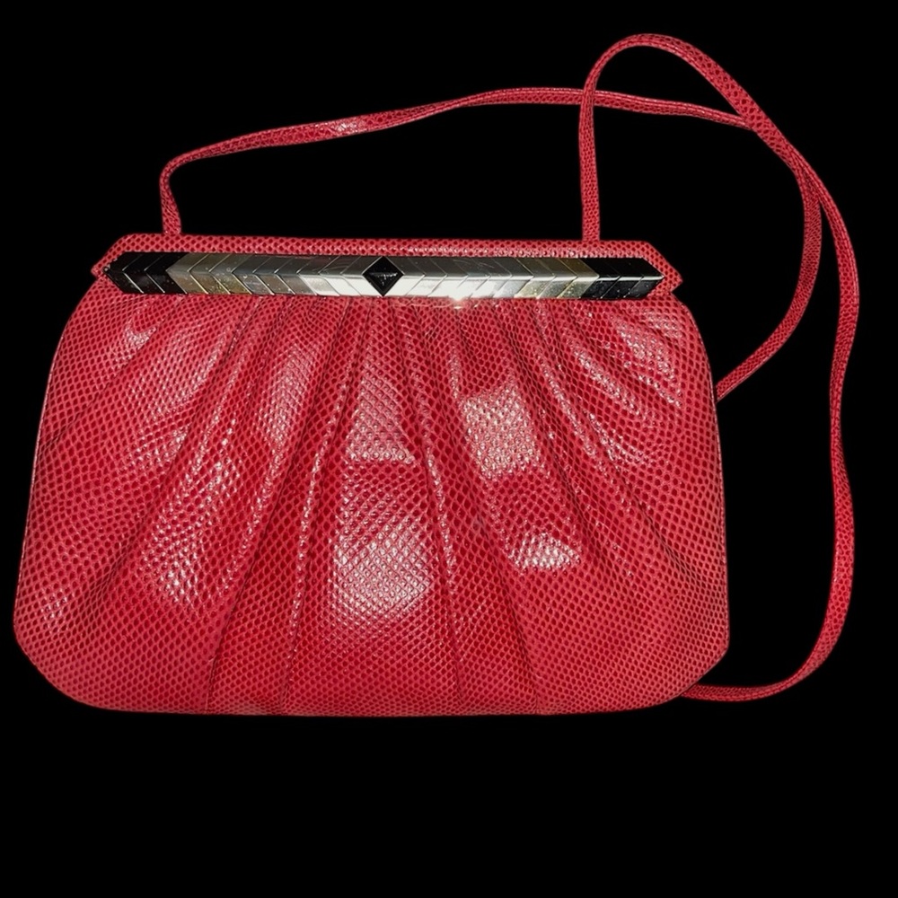 Judith Leiber Red Lizard Skin Clutch Art Deco Hardware, VTG Luxury Evening Bag